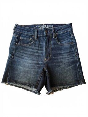 AMERICAN EAGLE Super Stretch Super Hi-Rise Shortie Raw Hem AEO X Jean Shorts